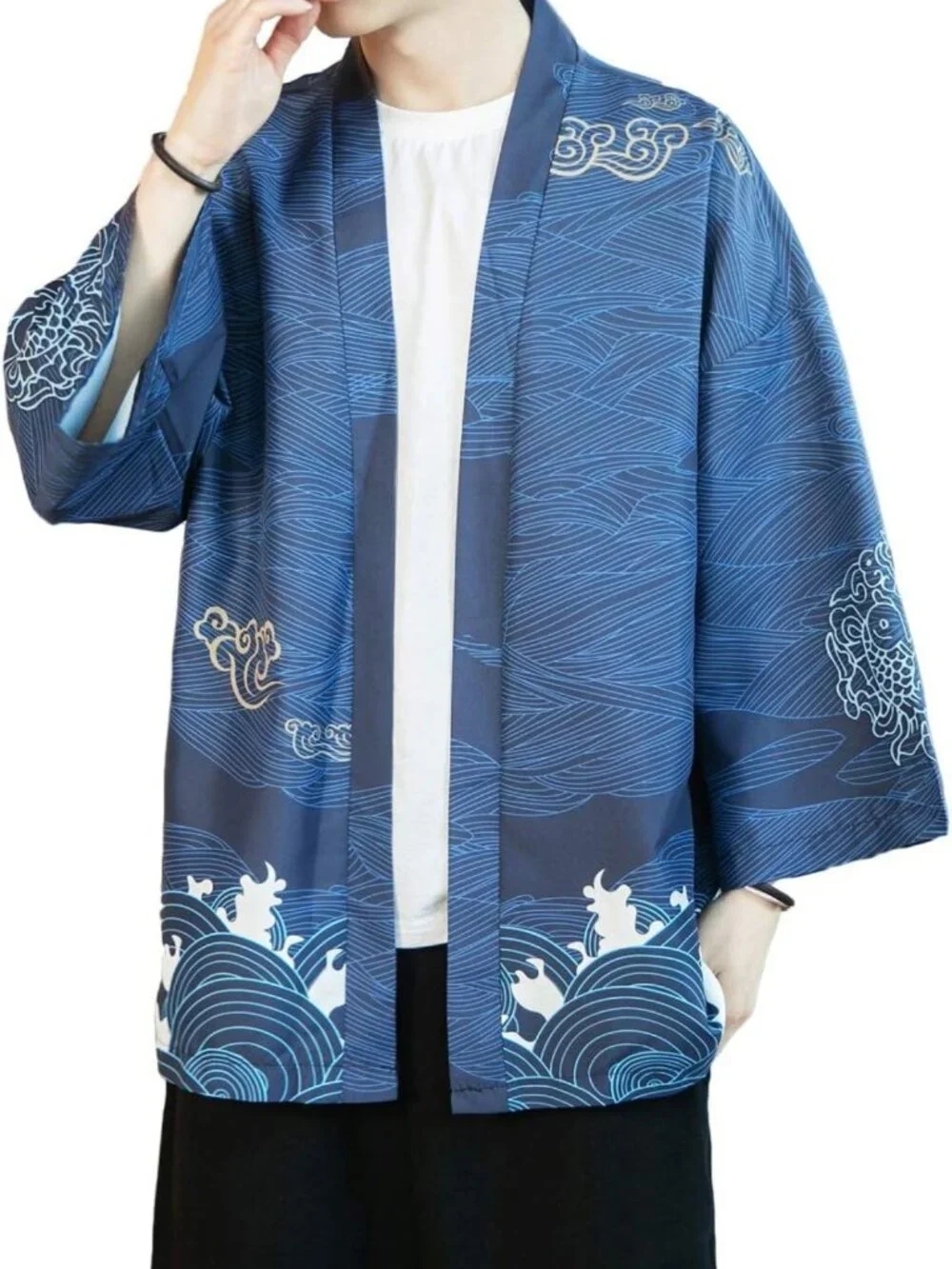 Stylish Men's Kimono Cardigan Jacket, Japanese Flying Crane Design, Open Front